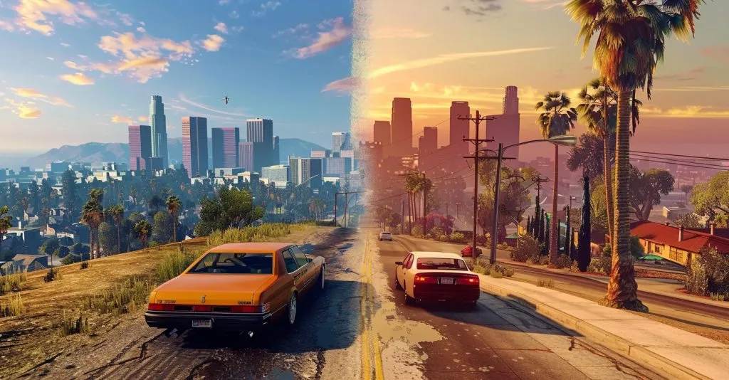 Split-screen comparison of San Andreas and GTA 5