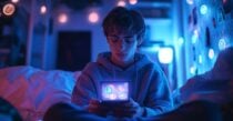 Gamer holding smartphone with digital rewards icons