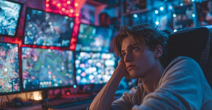 Exhausted pro gamer at his battle station