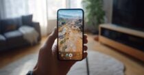 Person tapping mobile game on clean minimalist UI