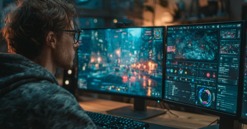 Gamer monitoring network usage on dual monitors