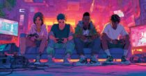 Group of diverse gamers playing together in a neon-lit room