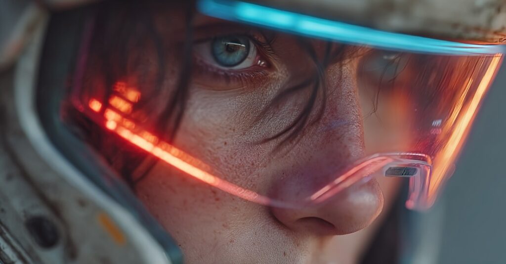 VR gamer surrounded by neon holograms